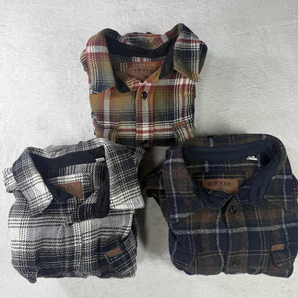 Orvis Shacket Mens Large Flannel Plaid Shirt Jacket Cotton Lot of 3 Pockets